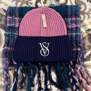 Victoria’s Secret pink/blue/multi colored hat and scarf set, NWT